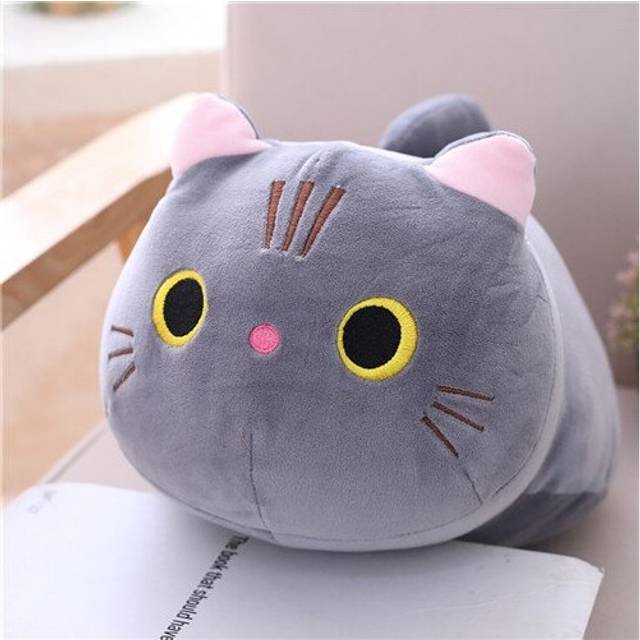 (25cm, Gray) Cute Soft Cat Plush Pillow Sofa Cushion Kawaii Plush Toy Stuffed Cartoon Animal Doll