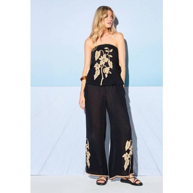 Warehouse Hcd Cheesecloth Embroidered Mid Waist Tie Side Trousers In Black - black - 8