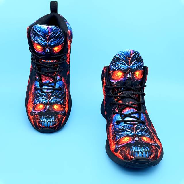TEMU Plus Size Men's Trendy High Top Skull Pattern Sneakers, Comfy Non Slip Lace Up Breathable Shoes
