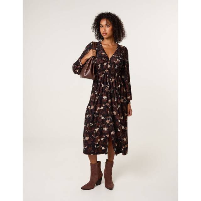 Blue Vanilla Women's Brown Leaf Print Midi Dress New Look - L/XL