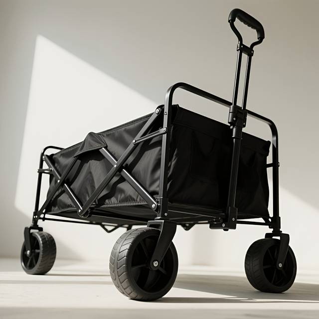 TEMU Heavy-duty Collapsible Folding Wheeled Cart - 440lbs Capacity Utility Wagon With Adjustable Handle, 600d Oxford Cloth & Carbon For Camping, Beach, Gardening, Shopping (black)