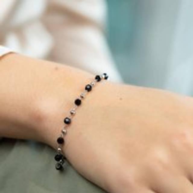 The Colourful Aura Black Crystal Beads Indian Mangalsutra Beaded Nazaria Bracelet In Silver - 8 inches