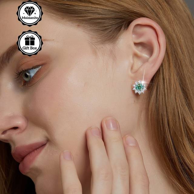 TEMU Elegant Pair Of Teal Moissanite Stud Earrings - 925 Sterling Silver, Rhodium Plated, Birthdays & Valentine's Day Gifts, Everyday Jewelry|teal Moissanite Earrings|