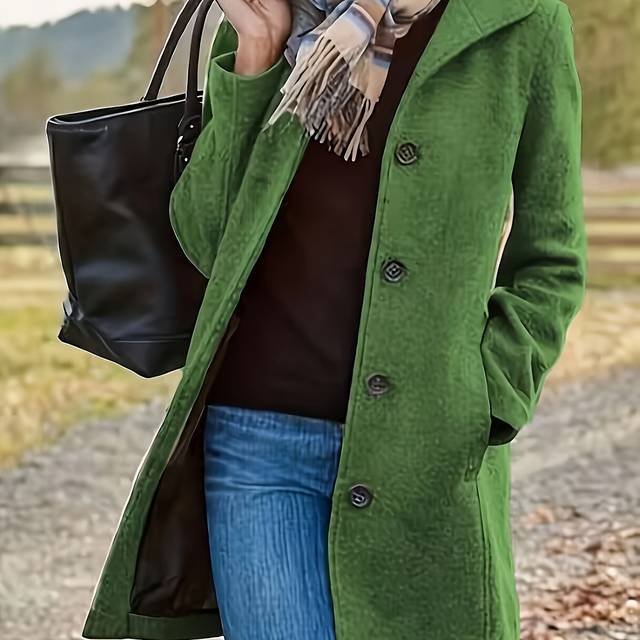 TEMU Women's Casual Tweed Coat - Solid Color Mid-length H-silhouette Button Front Long Sleeve Winter Coat, Regular Fit For Autumn & Winter, Hand Wash/, Ladies Winter Coat, Design