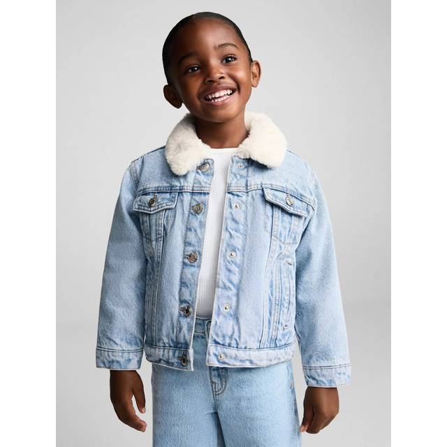 Mango Kids' Lisa Faux Fur Contrast Collar Denim Jacket, Light Blue
