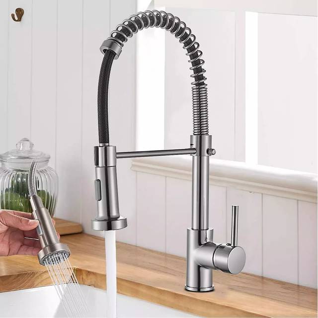 Modern Monobloc Silver Kitchen Sink Mixer Taps with Pull Out Hose Spray Single LeverTap