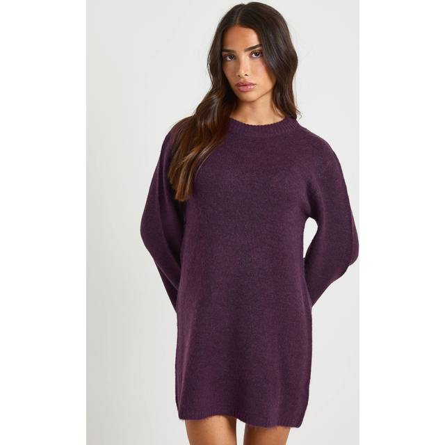 Womens Petite Crew Neck Flared Sleeve Knitted Mini Dress - Purple - M, Purple