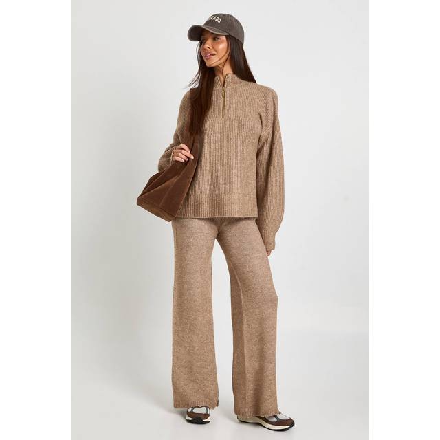 Womens Super Soft Zip Neck Oversized Jumper And Wide Leg Trouser Co-Ord - Brown - S, Brown
