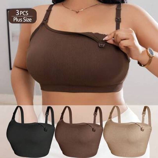 SHEIN 3pcs Plus Size Maternity Nursing Bras, Minimalist Sexy One-Piece Front Clasp Breastfeeding Bras, Comfortable Lift-Supporting Vest Bras, Suitable For P