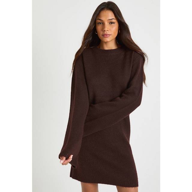 Womens Tall Crew Neck Flared Sleeve Knitted Mini Dress - Brown - Xl, Brown