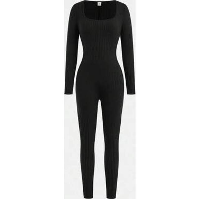 SHEIN Teen Girls Elegant Casual Solid Black Long Sleeve Snug Fit U-Neck Jumpsuit Jumpsuit For Teens Teen Jumpsuit One Piece Jumpsuit Body Suit Ribbed Jumpsu