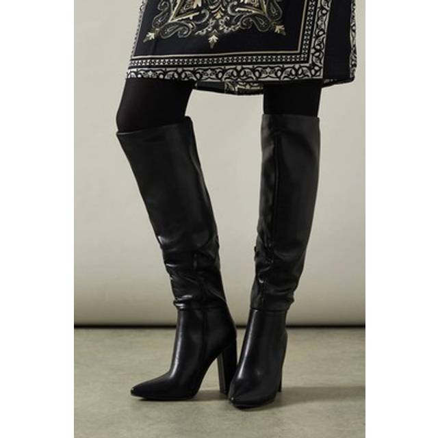 Oasis Womens Over The Knee Boots Black Faux Leather High Block Heel Pointed Toe