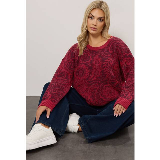 Yours Plus Size Burgundy Red Paisley Knitted Jumper Size 14-16