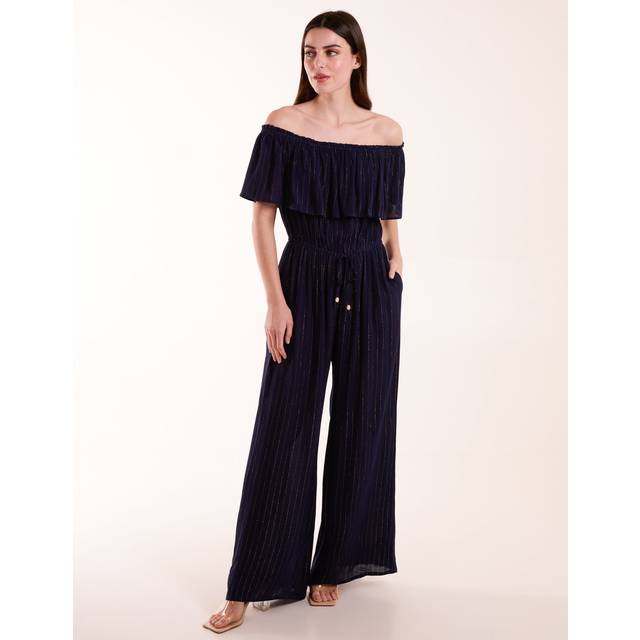 Blue Vanilla Women's Glitter Stripe Bardot Wide Leg Jumpsuit New Look - S