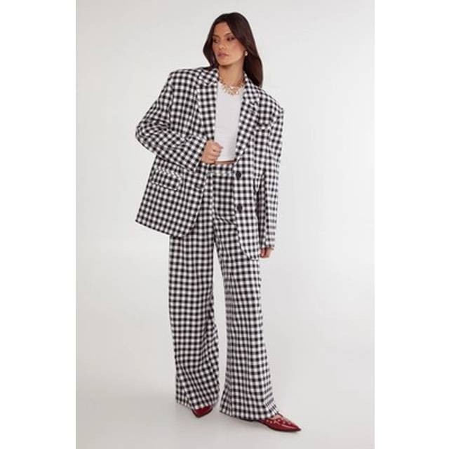 Nasty Gal Women's Gingham Tailored Wide Leg Pant in Mono | Size: 12