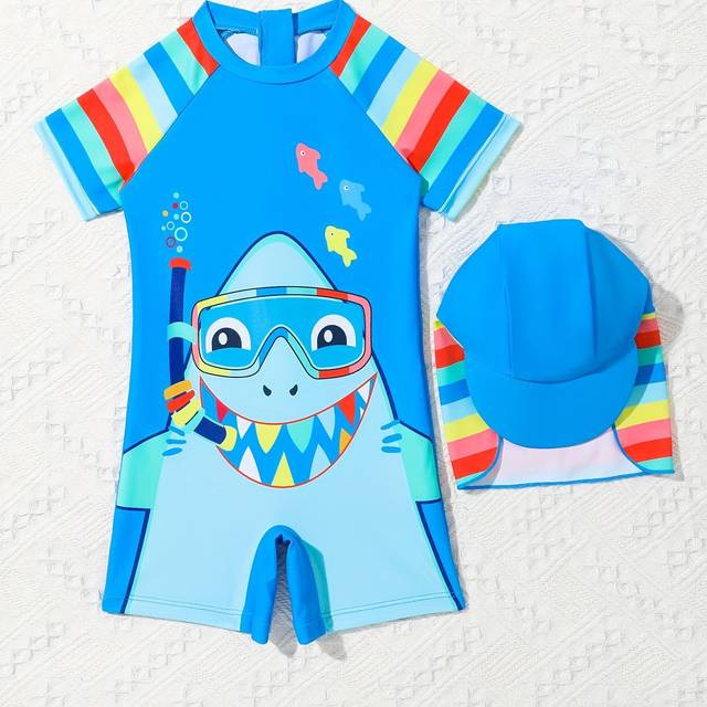 TEMU Baby Boys' One-piece Swimsuit With Cap, Cute Cartoon Shark Print, Quick Dry, Sun Protection, Blue, Stripes, Summer Beachwear For Toddlers