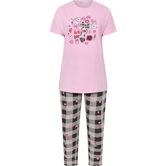 Yours Plus Size Pink Gingham Bow Wide Leg Pyjama Set Size 22-24
