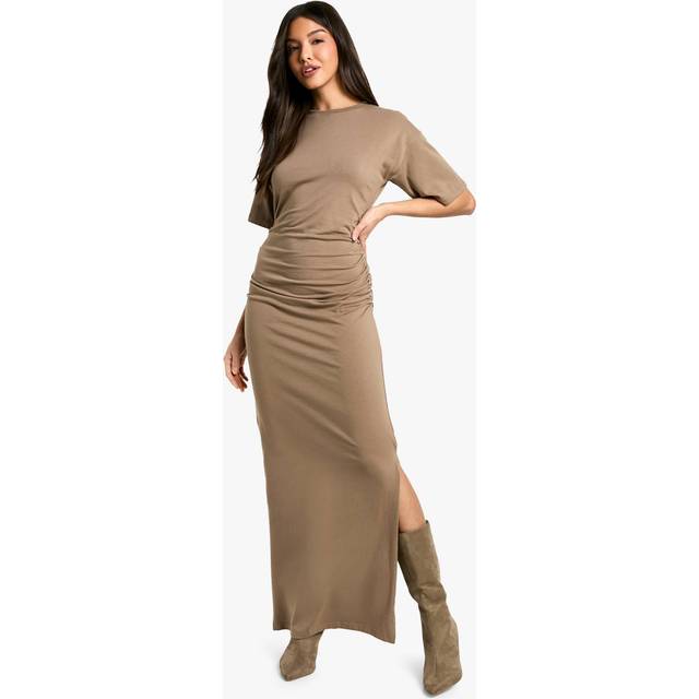 Boohoo Ruched Side T-Shirt Midaxi Dress In Taupe - taupe - 10