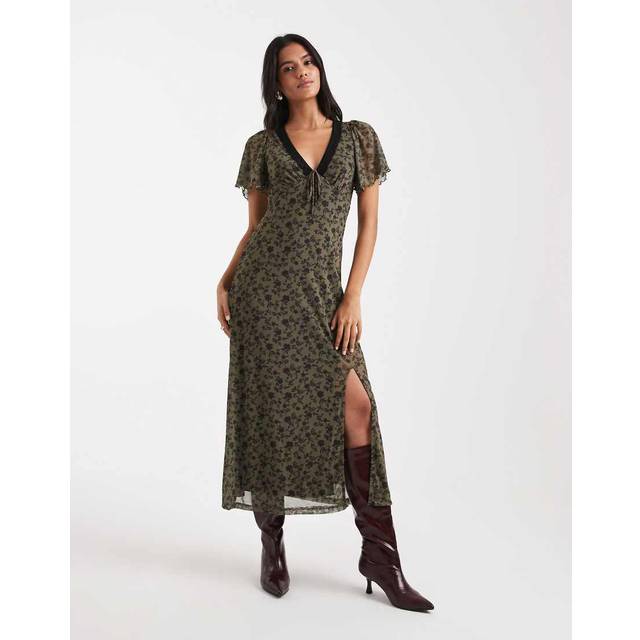 New Look Women's Green Pattern Print Mesh Slit Hem Midi Dress - UK 16