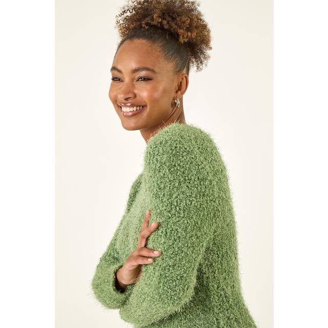 Fluffy Knit Curved Hem Knit Jumper - Green - 20