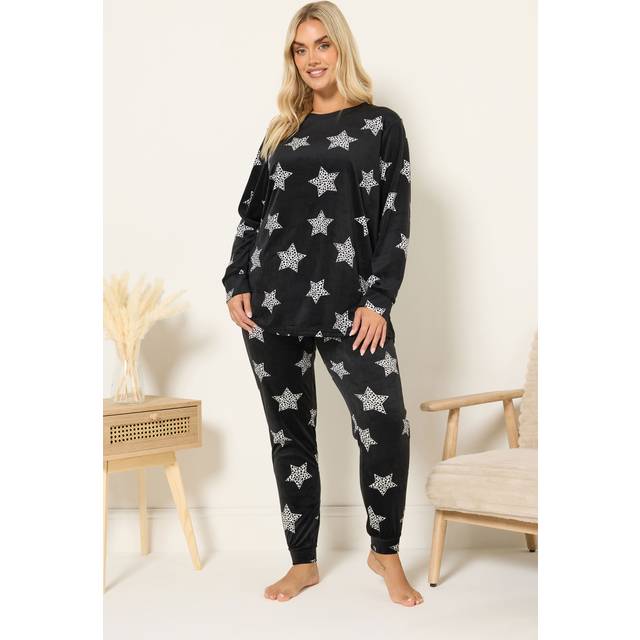 Yours Plus Size Black Star Print Fleece Pyjama Set Size 14-16 - Purple