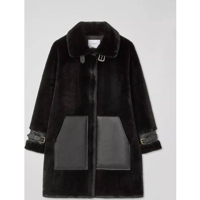 L.K.Bennett Mirren Faux Fur & Leather Strap Coat, Black