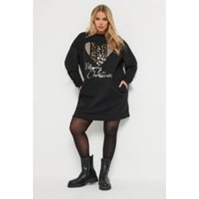 Yours Plus Size Black 'Merry Christmas' Heart Emellished Sweatshirt Dress Size 30-32