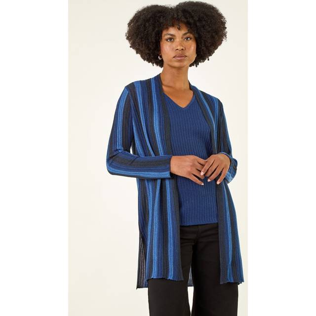 Roman Stripe Ribbed Knit Cardigan In Navy - 12