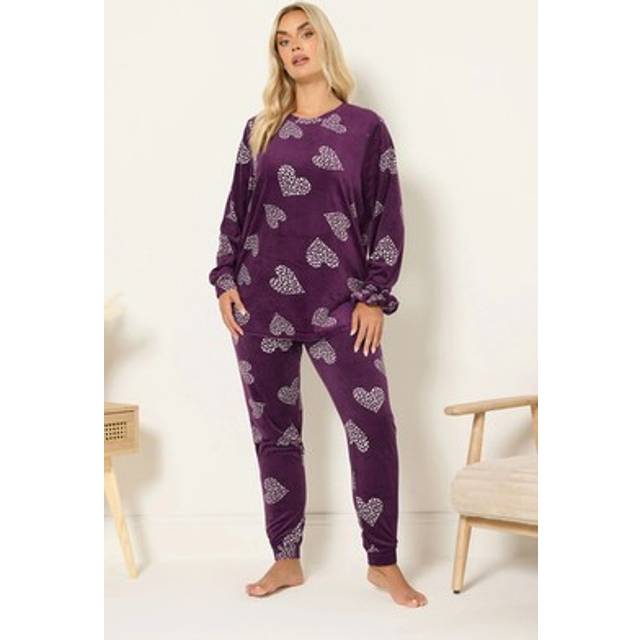 Yours Plus Size Burgundy Red Heart Print Fleece Pyjama & Scrunchie Set Size 38-40