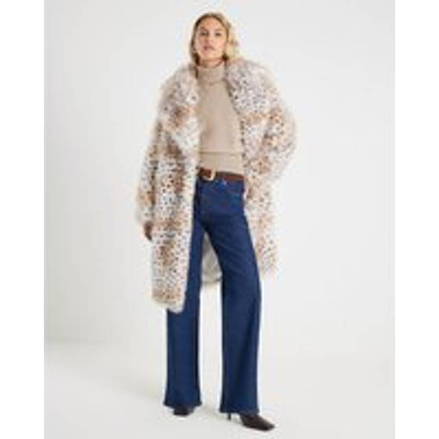 River Island Womens Cream Faux Fur Leopard Print Longline Coat - S
