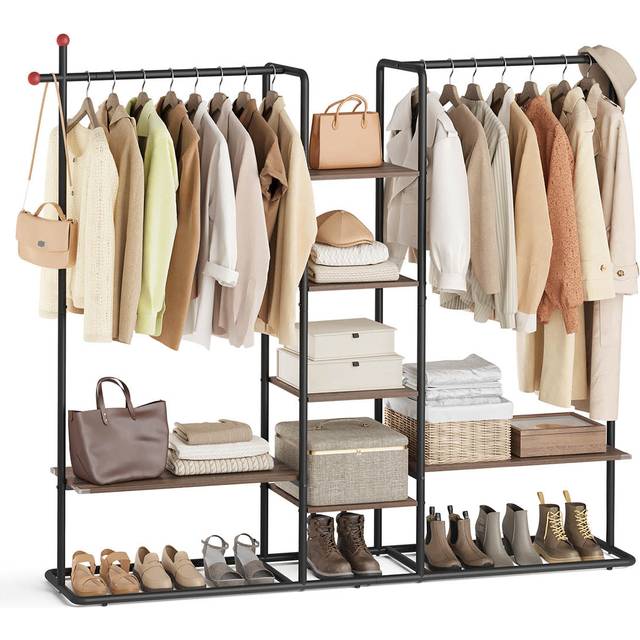 Heavy-Duty Clothes Rack with Shoe Shelf and Multiple Hanging Options, Natural Walnut + Ink Black