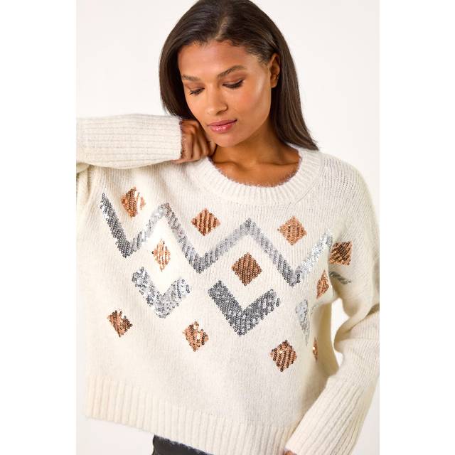 Roman Zig Zag Diamond Detail Knit Jumper In Ivory - One Size