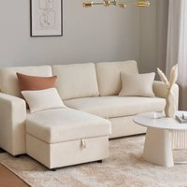 Aspire Nexis Corner Sofa Bed With Storage, Chaise On The Left In Natural - 3 Seater