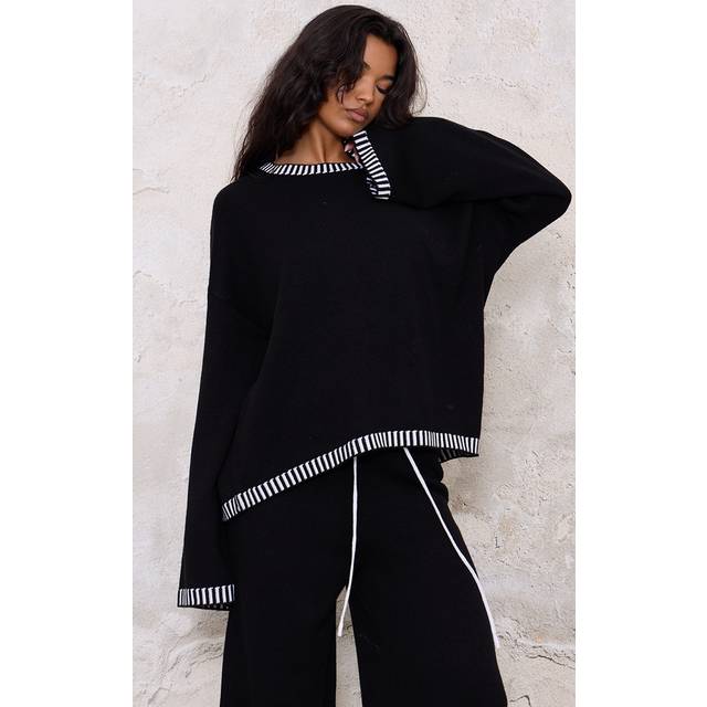 Monochrome Contrast Stitch Detail Knit Oversized Jumper