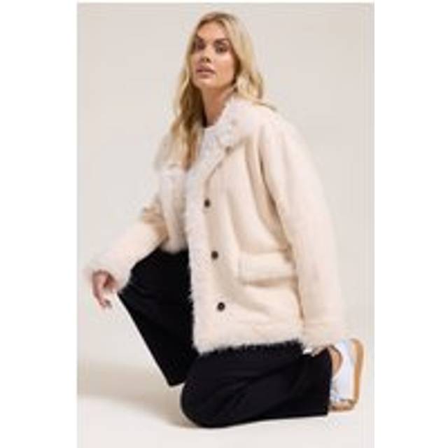 Yours Plus Size Ivory White Shaggy Faux Fur Trim Coat Size 22-24