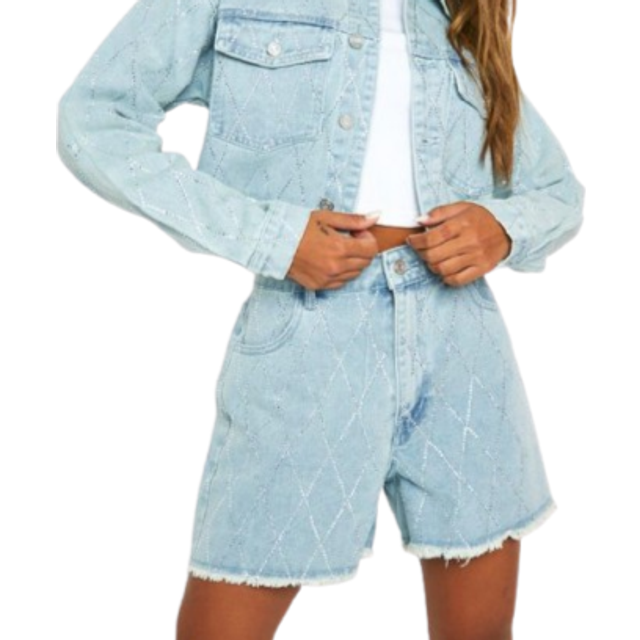 Womens Diamante Hot Fix Fray Hem Long Denim Shorts - Blue - 6, Blue