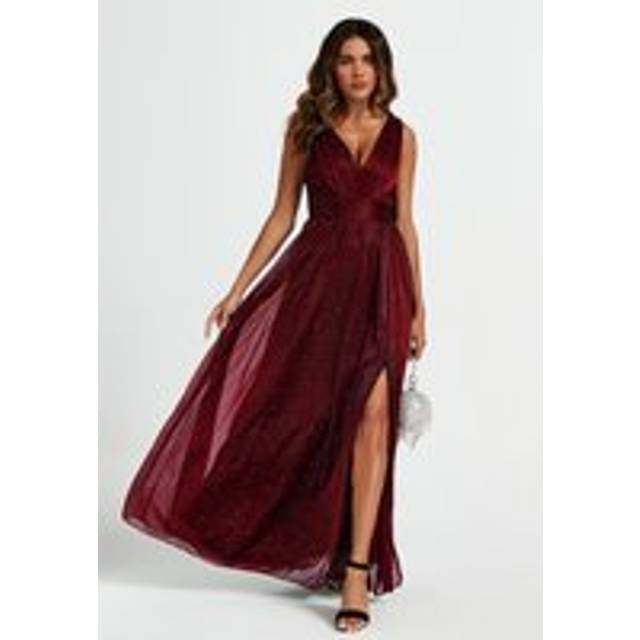 FS Collection Women's Sparkly V Neck Bridesmaid Maxi Dress in Burgundy | Size: Small