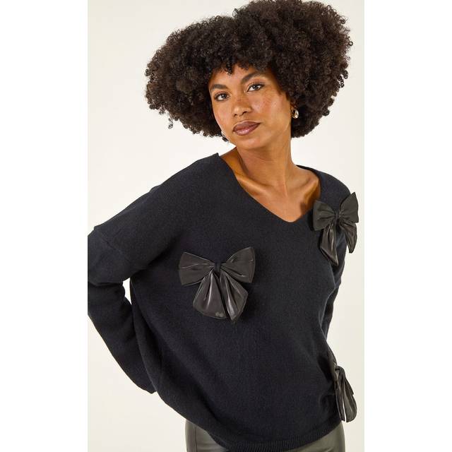 Roman Bow Embellished V-Neck Knit Jumper In Black - One Size