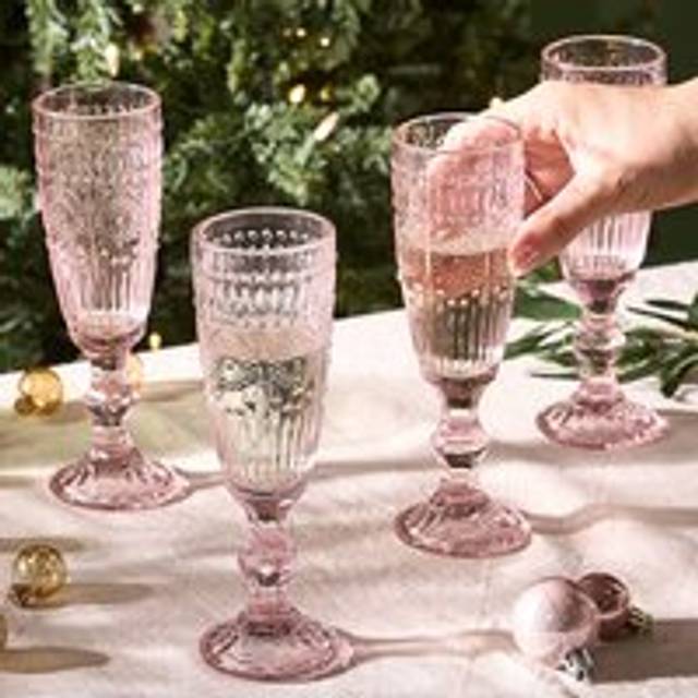 Dibor Set Of 4 Vinatge Armas Embossed Rose Champagne Flutes Glasses Festive Christmas Decor Glassware 270Ml - One Size