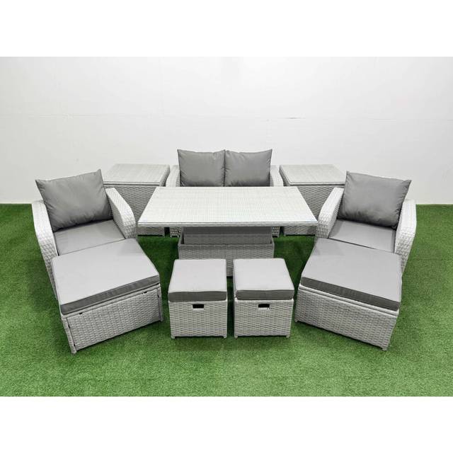 10 PCs Rising Dining Table Set Reclining Chair Inclining Love Sofa Seat 2 Big Footstool 2 Small Stool 2 Side Table Light Grey - Fimous