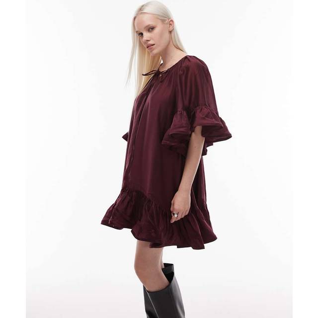 & Other Stories – Vinröd, halvskir miniklänning med volangkantade ärmar och knytband vid halsen-Brown