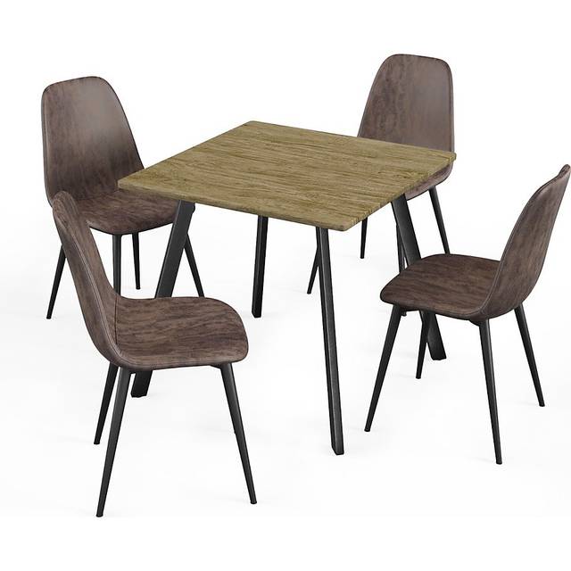 Urbn-Living Urbnliving 75Cm Height Oak Wooden Dining Table & 4 Faux Pu Leather Dark Brown Chairs Set Metal Legs Kitchen Furniture - One Size
