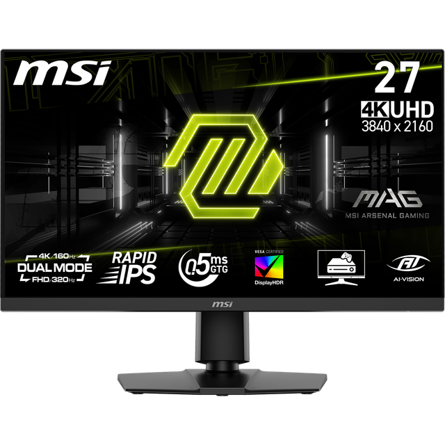 MSI MAG 272URDF E16 27 tum UHD spelskärm - Rapid IPS 3840 x 2160, 0,5 ms, DisplayHDR 400, AI Vision, Dual-Mode, HDMI 2.1, DP 1.4a, lutning och justerbar höjd, svart
