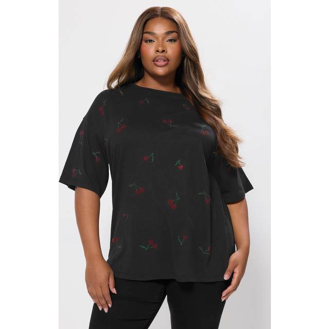 Yours Plus Size Black Embellished Cherry Oversized Tshirt Size 34-36