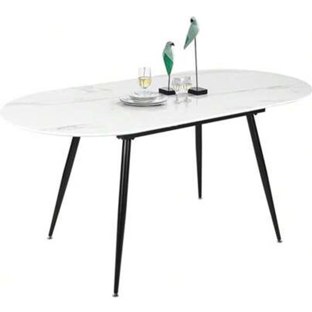 SHEIN Extendable Dining Table, Oval Kitchen Table 120-160 Cm For 4-6 Seater, Marble Effect Dining Table With Metal Legs And Hidden Table Leaf, Suitable For