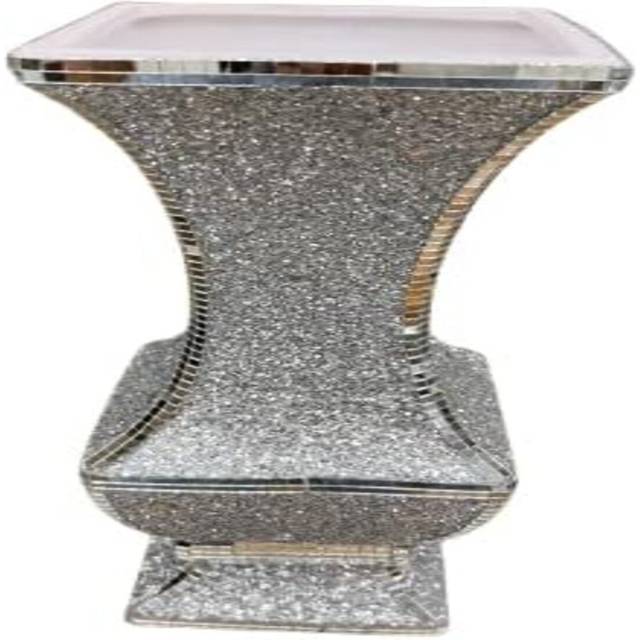 Crushed Jewel Diamanate Square Shaped Crystal Vase Silver Design With Mirrored Border Art Deco Style ( Small ) (40 cm H x 20 cm W x 10 cm D)