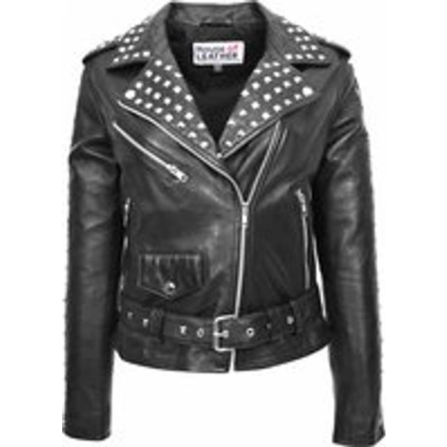 House of Leather Women's Heidi Studded Real Leather Biker Jacket in Black | Size: 16