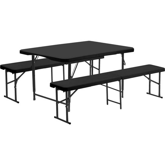 Height Adjustable Folding Trestle Table & Benches Set 120cm (4ft) Black Portable