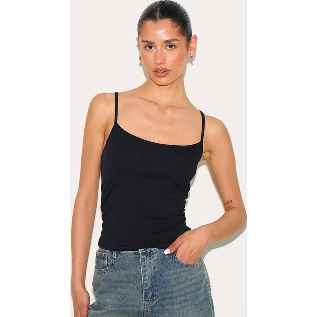 Tall Black Soft Cotton Strappy Vest Top - 10