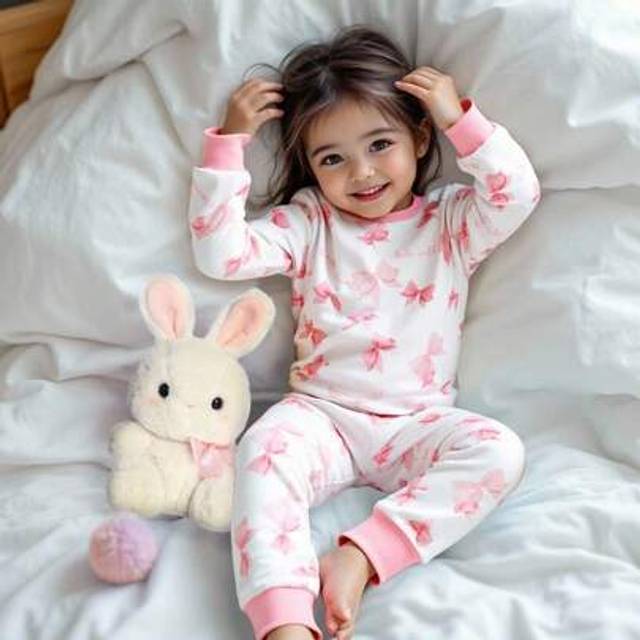 SHEIN 1set Young Girls Pajamas, Snug Fit, Butterfly Print, Contrast Color Collar & Cuffs Design, Comfortable Stretchy Knit Fabric, Long Sleeve Top And Pants